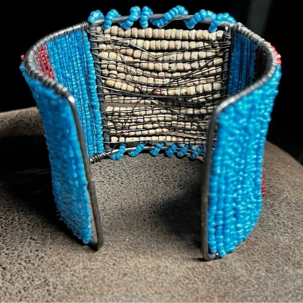 Artisan Handmade seed and wooden bead cuff bracelet 2.5” H